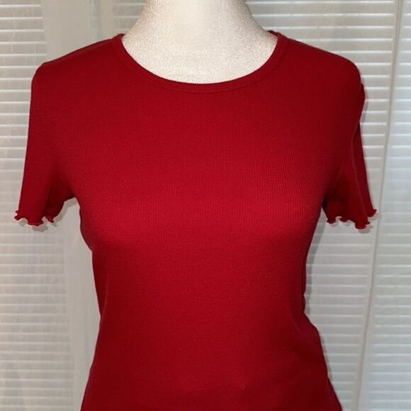 Hollister S Red Ribbed Cotton Crewneck Short Sleeve Tee Ruffle Hem & Sleeve - Picture 3 of 10